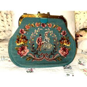 SHOWPIECE!  NEVER USED VINTAGE 50's TEAL NEEDLEPOINT & PETITPOINT LEATHER BAG